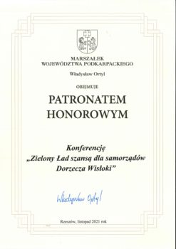 Informacja o objęciu Patronatem Honorowym Konferencji pn. "Zielony Ład szansa dla samorządów dorzecza Wisłoki"