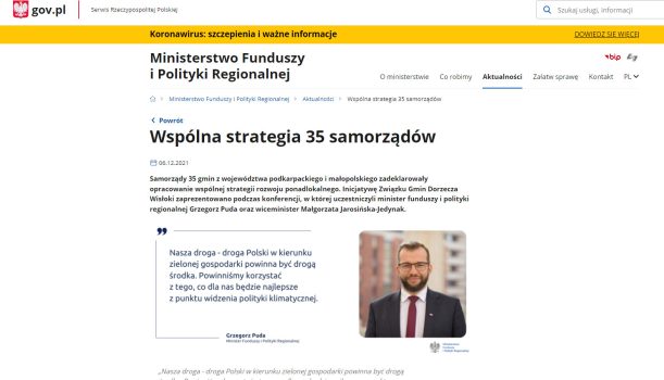 Zrzut ekranu części portalu www Ministerstwa Funduszy i Polityki Regionalnej